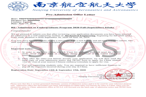 Nanjing University of Aeronautics and Astronautics Admission Letter